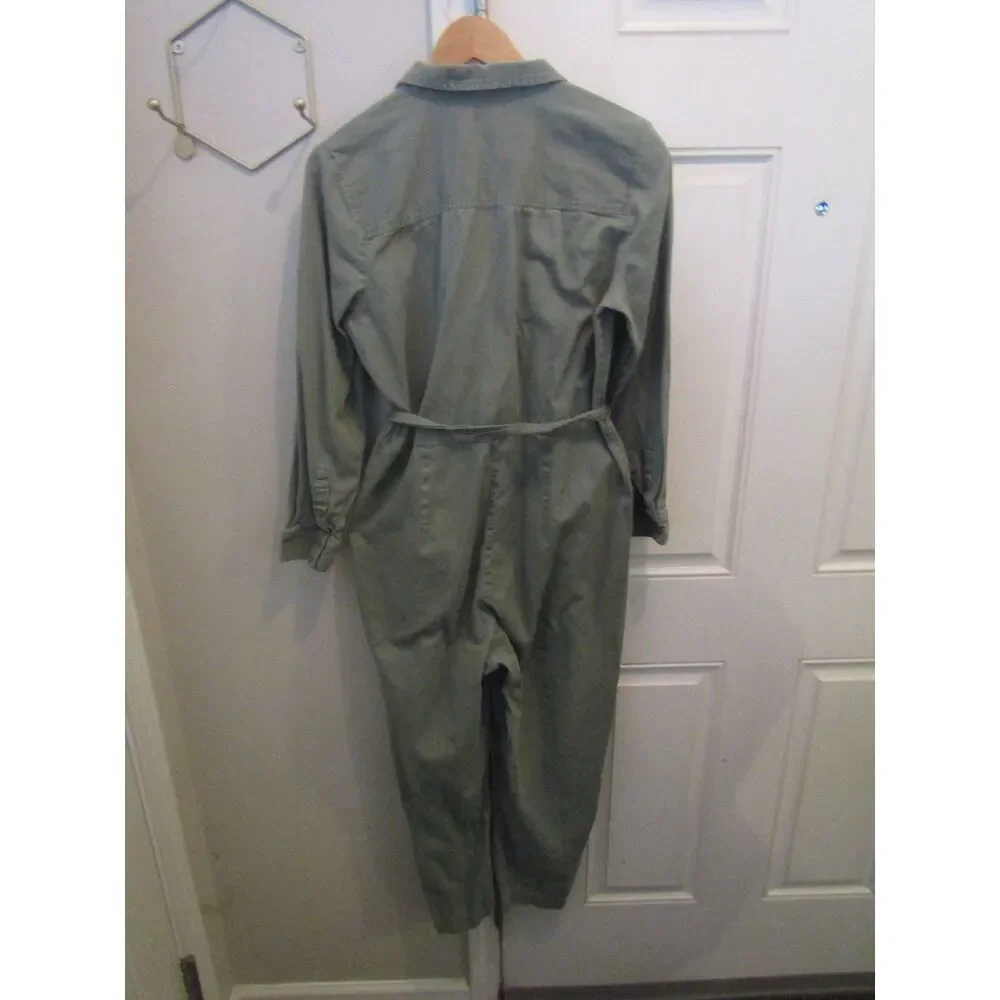 J Crew Utility Jumpsuit Womens 12 Green Belted Button Front Long Sleeve Boiler